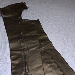 Black Leather Motorcycle Chaps with Zipper and Snap Detail